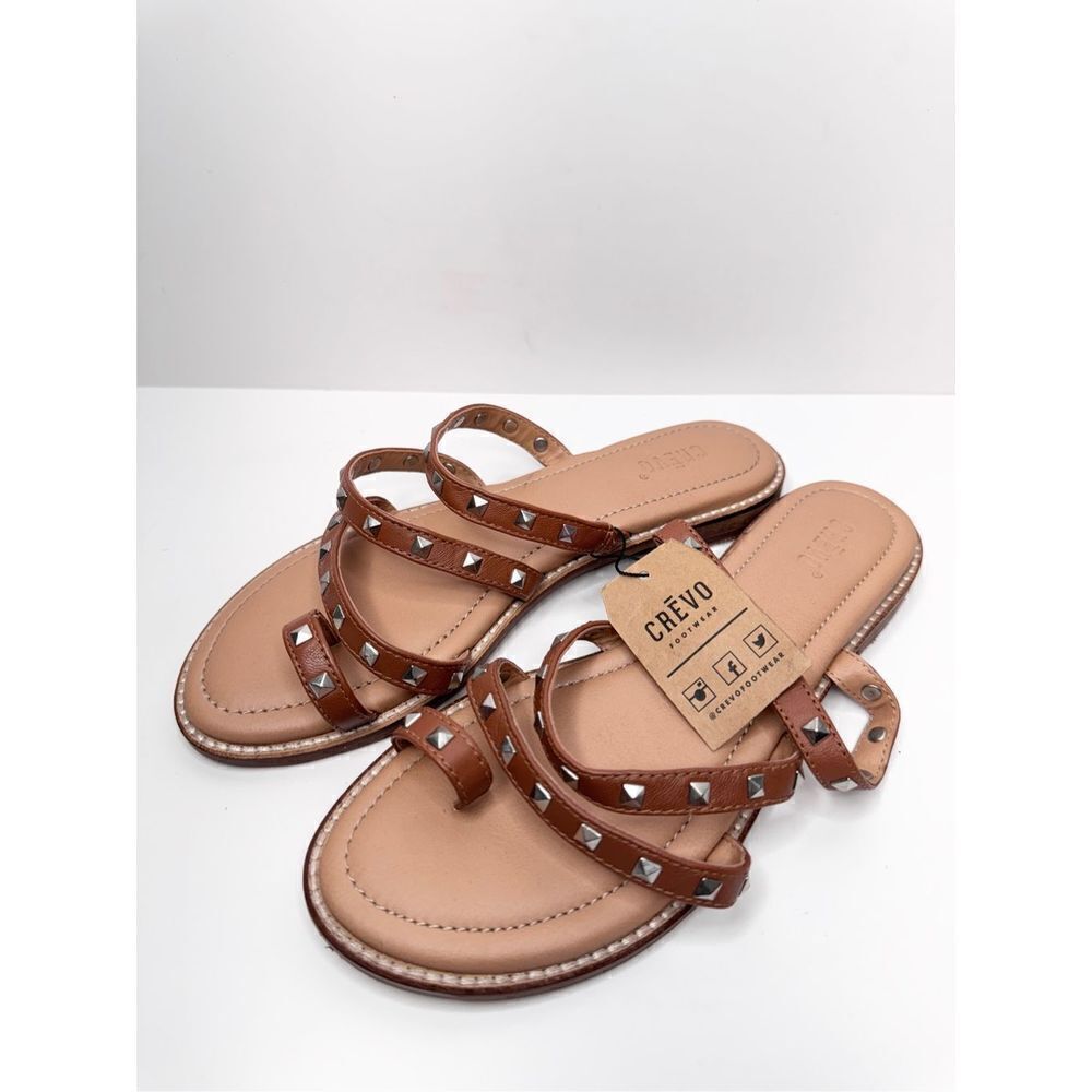 Crevo Sandals Size 7‎ Tan Leather Upper Womens Open Toe Spike Details Flats